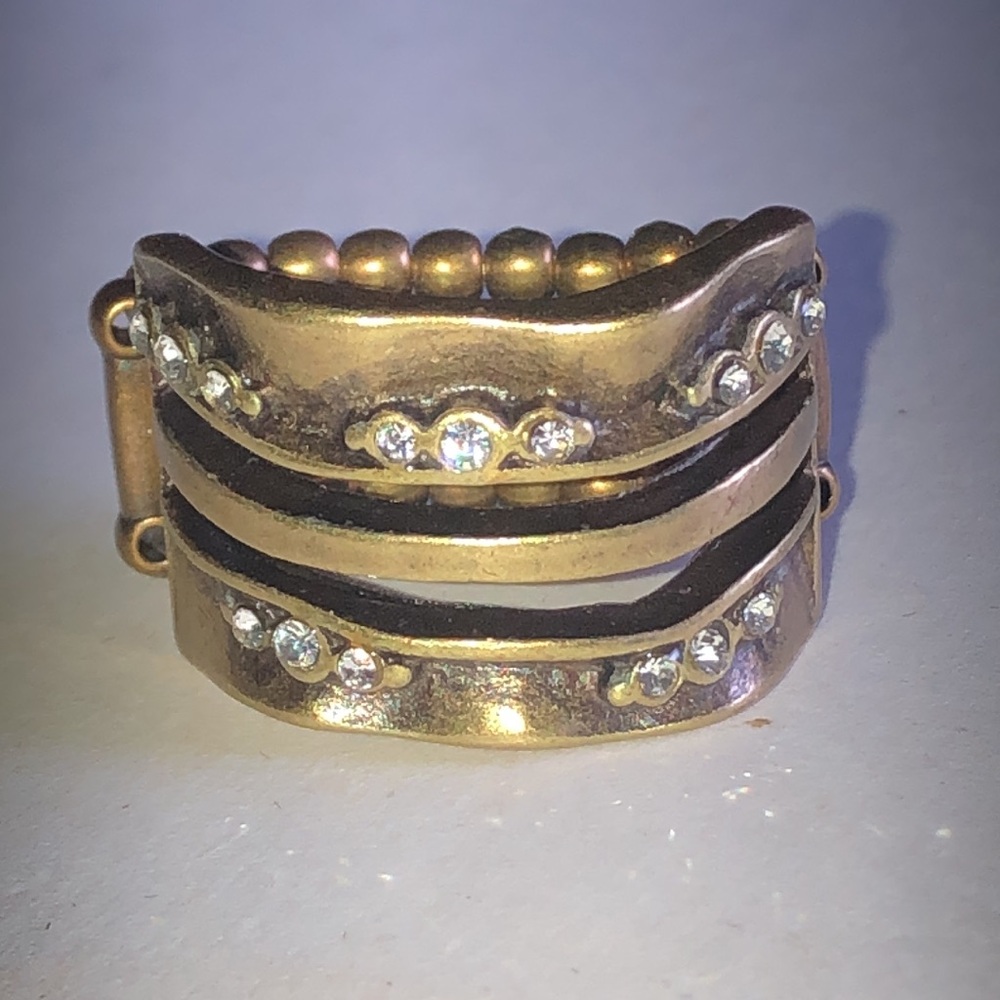 Antique Gold-Tone Brass Tone Crystal Band Ring